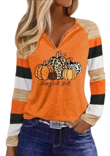 Notch Neck Fall T-Shirt for Women Family Halloween Thanksgiving Tops Thankful Pumpkin Turkey Tees