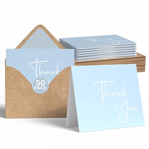 Image of VNS Creations 50 Pack Thank You Cards With Envelopes, Stickers, 3.5x5 Inch Blank Thank You Notes - Bulk Box Set Notes for Graduation, Wedding, Small Business, Baby & Bridal Shower Card - Light Blue