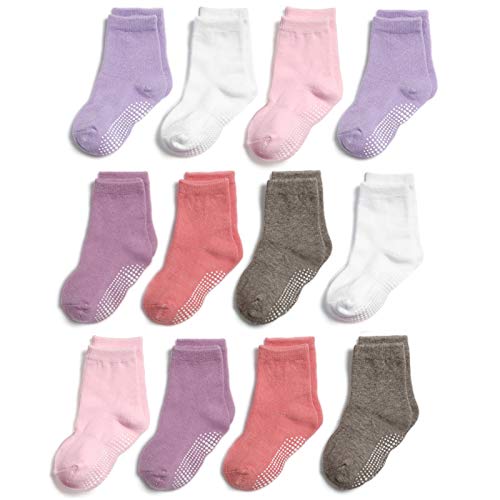 Baby Non Slip Grip Crew Socks 12 Pairs with Non Skip Soles for Little Boys Girls Kids Toddler