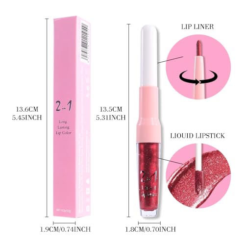 Image of evpct Dark Red Metallic Glitter Lip Liner and Lipstick Combo Lip Gloss Stain Set Makeup for Women Long Lasting Waterproof 24, Wine Red Frosted Metallic Shimmer Glossy Chrome iridescent Liquid Lipstick