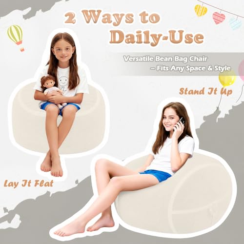 Image of 2FT Bean Bag Chair 2'Bean Bag Chairs with Memory Foam Filled Small Bean Bag | Bean bags with Machine Washable Cover Luxurious Velvet Fabric, Comfy Chairs for Living Room, Bedroom, Dorm, Beige