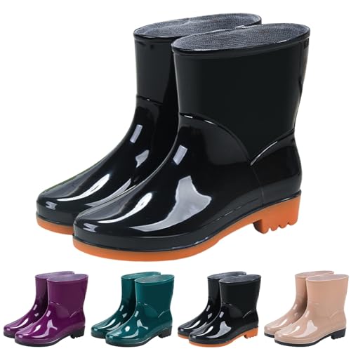 Botas de goma cortas impermeables para mujer, botines de mujer con tacón, botines de piel para lluvia, botas de lluvia para exteriores, impermeables, unisex, botas de lluvia forradas, morado, 37 EU