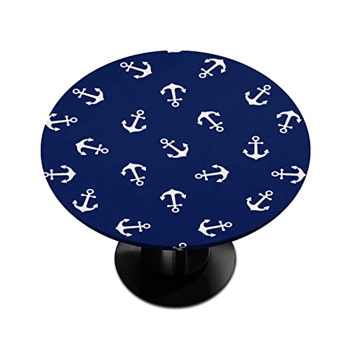 Anchor Nautical Round Tablecloth with Elastic Edge - Beach Theme Fitted Waterproof Wipeable Cover for Dining Kitchen Party Indoor Outdoor Patio 45