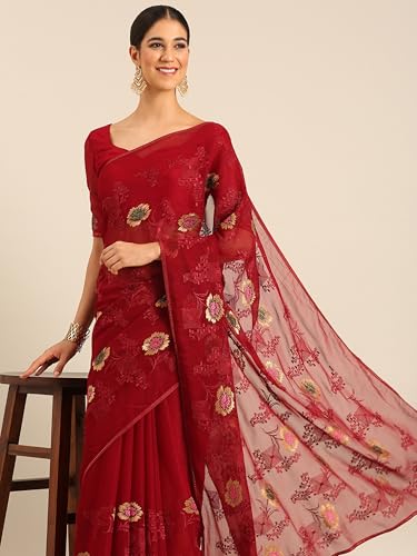 Image of Panzora Women's Chiffon Embroiderd Saree With Blouse Piece