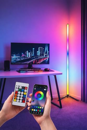 LED Corner Floor Lamp Long LED Colour RGB Colour Changing LED Standing Lamp with Remote & App Control Music Sync Dimmable Smart Mood Lighting for Living Room Bedroom Gaming Setup