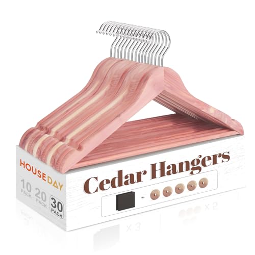 HOUSE DAY Cedar Hangers for Closet 30 Pack, Smooth Cedar Wood Hangers with Rings, 360° Swivel Hook, U-Shape Notched, Non Slip Pant Bar, Sturdy Wooden Clothes Hanger for Coats, Dresses, Suits