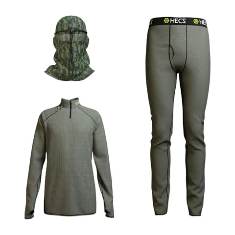 HECS Hunting Base Layer 3-Piece Hunting Suit | Quarter Zip Shirt, Pants & Head Cover with Bioelectric Shielding | Patented Technology | Hunting Clothes for Men - Large Olive Cover