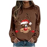 Jersey de Navidad para mujer, manga larga, sudadera de Navidad para mujer, sin capucha, camiseta de Navidad para mujer, cuello redondo con reno, motivos navideños, informal, monocolor, camiseta básica