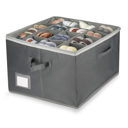 Cajas Almacenaje Zapatoscon 16 Compartimentos Ajustables, Cajas Para Zapatos, Organizador Zapatos Armario, Cajas de Almacenamiento, Shoe Organizer Plegable con 2 Asas, Apta para 8-16 Pares, Gris