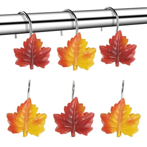YUKUNTANG Maple Leaf Shower Curtain Hooks 12 Pcs Fall Autumn Decorative Shower Sliding Hooks Resin Pothook Bathroom Rolling Hangers for Halloween Thanksgiving Christmas Bedroom Decor