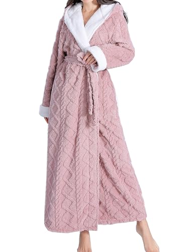 LKG Women Hooded Fleece Robe,Lightweight Plush Warm Winter Bathrobes for Women Full Length (Medium, Pink)