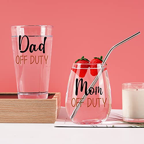 Dad And Mom Gift Set, Dad & Mom Off Duty Beer Glass And Stemless Wine Glass Combo For Dad Mom New Parents, Funny Gift For Father’s Day Mother’s Day Christmas Birthday Daily Use Baby Shower, 15Oz #TOP3