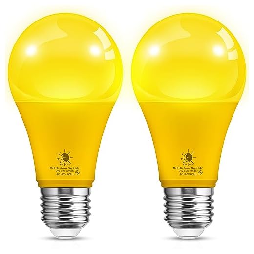 L LOHAS LED Dusk to Dawn Bug Light Bulb Outdoor, A19 Yellow LED Bug Light Bulbs, 9W Auto On/Off Bug Lights for Outside, Amber Porch Light Bulb 60W Equi, Non-Attracting, E26 Base for Backyard, 2 Pack