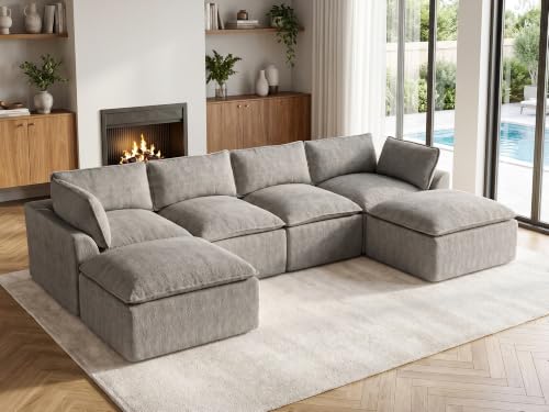 Image of 138 inch Oversized Modular Sectional Sofa, U Shaped Couch Set with 2 Pillows, 6 Seat Boneless Cloud Couches with 2 Movable Ottomans for Living Room, Corduroy Dark Grey