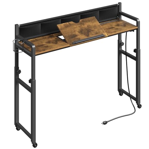 YATINEY Overbed Table Height Adjustable with Charging Station, Recliner Table with Wheels, Cup Holder and Storage, Laptop Desk for Bedroom, Industrial Retro Side Table, Black Rustic and Brown SF04UBR