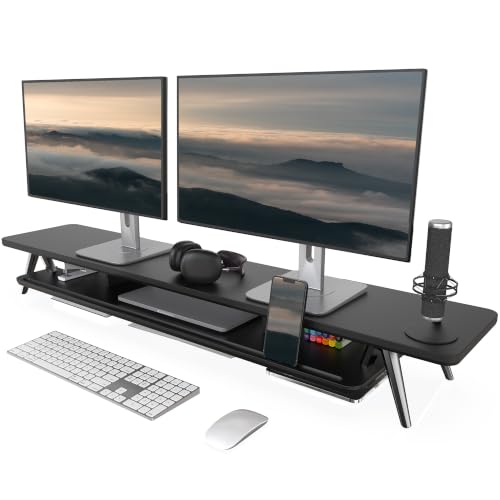 Image of Fenge Dual Monitor Stand, Monitor Stands Riser for 2 monitors, 47.2 Inch Wood Desk Shelf with Storage Organizer and Cable Management for Office Desk Accessories