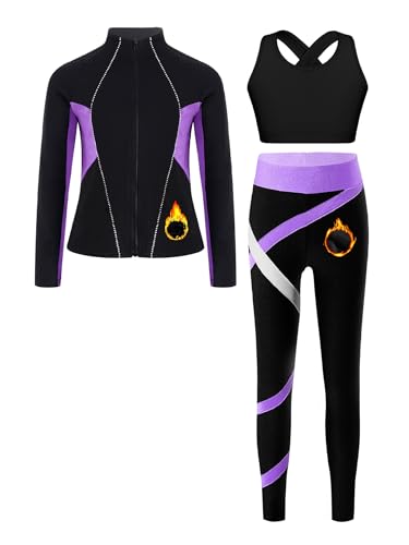 3Pcs Kids Girls Figure Skating Outfit Fleece-Lined Sweatshirt with Leggings and Vest for Gymnastics Dance Workout