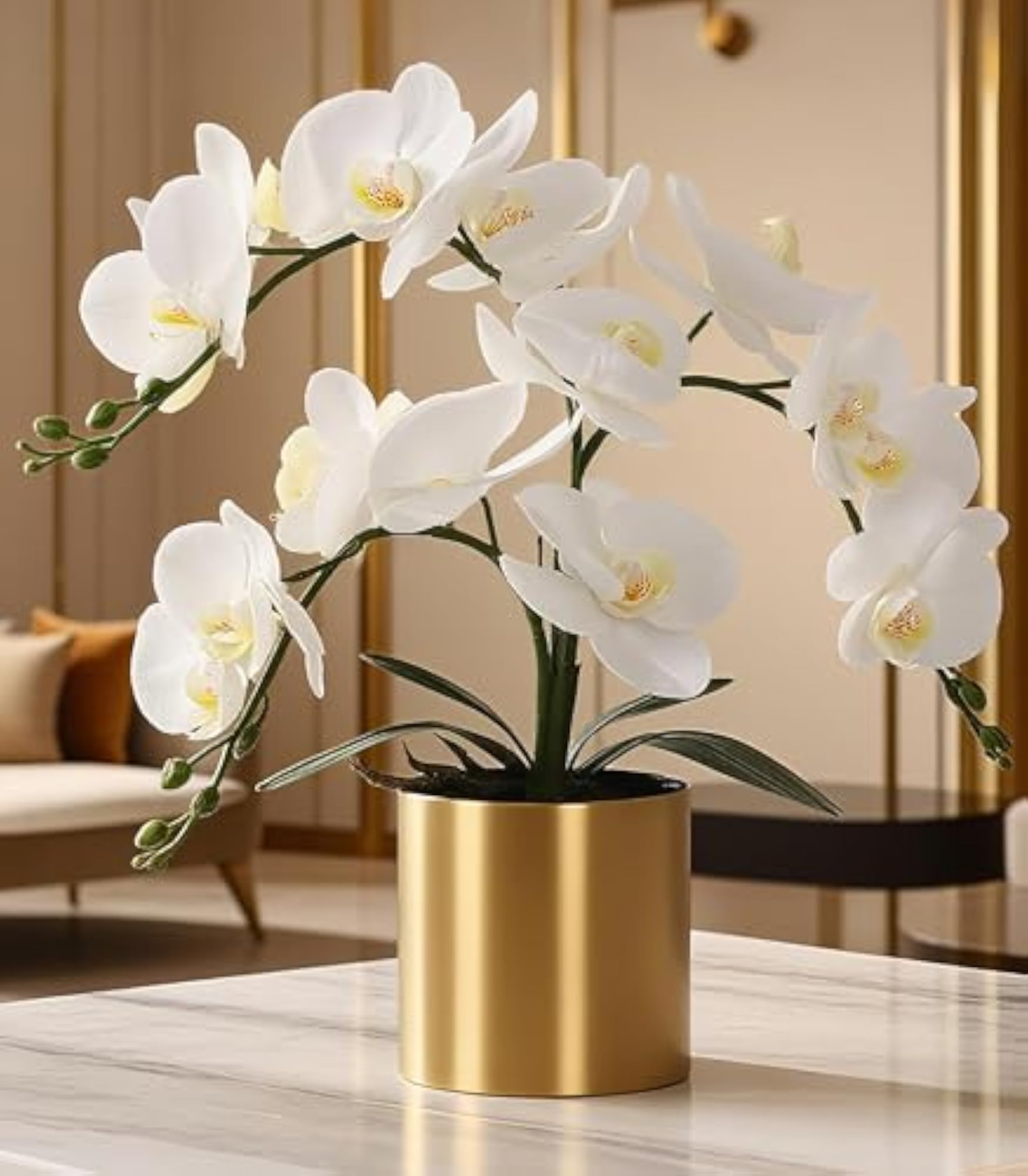 Potted Artificial Orchid Plants in Gold Vase