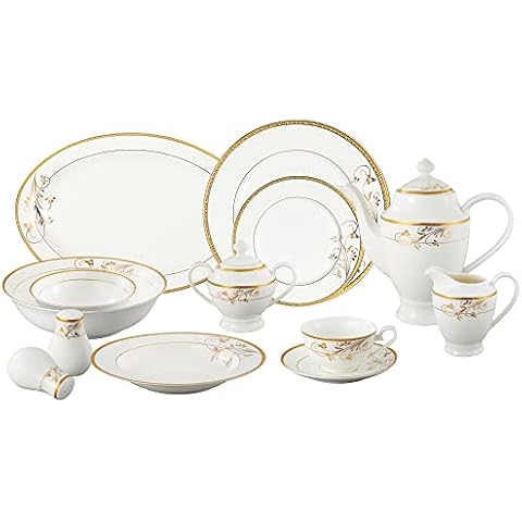 Lorren Home Trends La Luna Bone China 57-Piece 24K Gold Floral Design Dinnerware Set, Service for 8 Cover