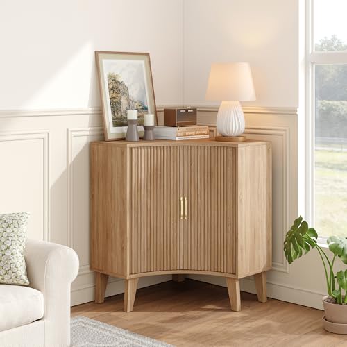 Image of Fluted Corner Cabinet, Small Corner Floor Cabinet with 2-Sliding Doors and Adjustable Shelves, Freestanding Narrow Organizer for Small Space,Living Room, Dining RoomBathroom.Natural