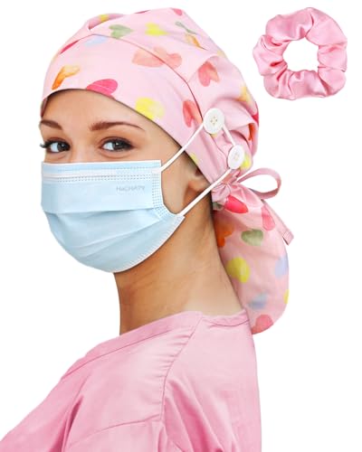 Image of Satin Lined Scrub Cap for Women Extra Large Long Hair Surgical Nurse Cap 4 Buttons