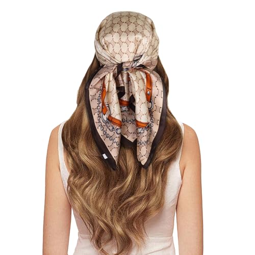 EXTREE 100% Pure Mulberry Silk Scarf Fashion Hair for Women Scarf Lightweight Square Neckerchief 27.5× 27.5 inches Chain Brown