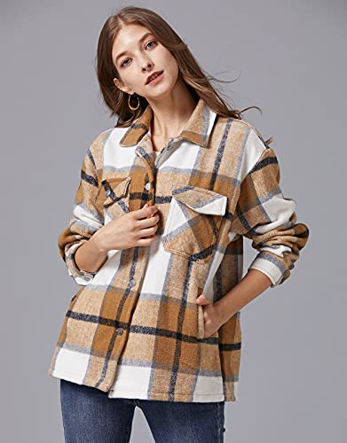 Liengoron Womens Shacket Jacket Plaid Wool Blend Oversized Button Down Shacket Jacket With Pocketed Shirts Coat（Khaki-M） #TOP2