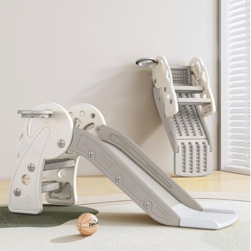 GGEROU Toddler Play SlideLarge Play Climber Slide PlaySet with Extra Long Slipping Slope Indoor Freestanding Slides Playset with Basketball Hoop Playground Kids Slides (Grey)