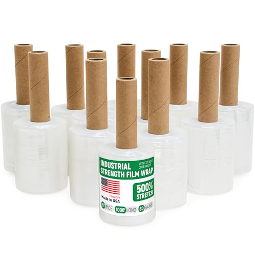 Paclord 5" x 1000' Industrial Strength Mini Stretch Wrap with Extended Core Handles, Ready to Use Pack of 12 Clear Stretch Film Rolls, 80 Gauge, 500% Elongation - Shrink Wrap for Moving, Packing by Paclord - Used condition - US$91.43