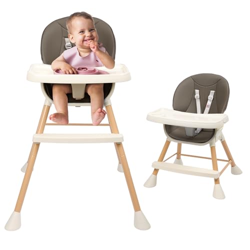 Image of 6-in-1 Baby High Chair, Convertible High Chairs for Babies and Toddlers, Infant Feeding Highchair with Cushion, 5-Point Harness, Footrest, Removable Tray, and Adjustable Legs, Dark Grey