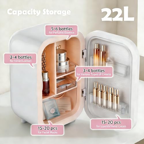 Image of 22L Skincare Mini Fridge, Beauty Fridge with Comestic Storage, 44F Intelligent Cooling, Personal Makeup Fridge with Glass Door, Small Refrigerator for Bedroom, Skin Care, Dorm, Vanity
