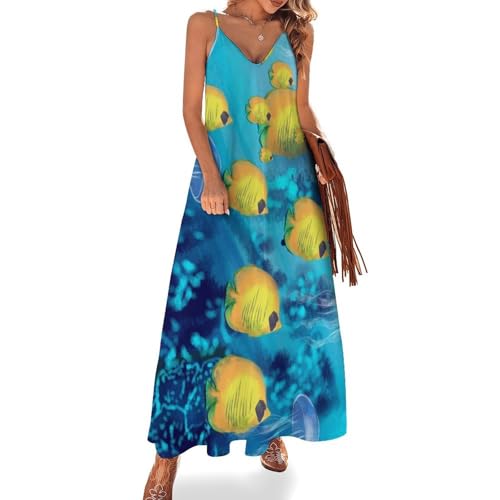 Robe longue femme ete sans manches en coupe maxi fluide pour plage et voyages
