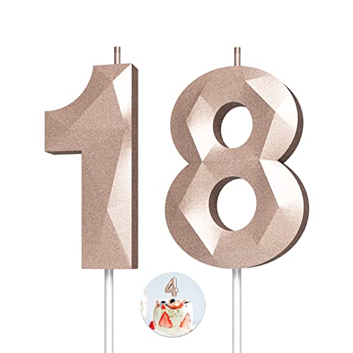 Number Birthday Candles(18 Candle Rose Gold) 3D Diamond Shape Number Happy Birthday Cake Candles for Birthday Party Wedding Decoration Reunions Theme Party