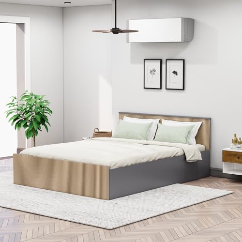 Image of Bniture Modern Queen Size Bed with Storage Box | Engineered Wood Bed 3D Textured Panels | Dual Tone Cupboard for Bedroom | Wooden Bed Queen Beds Storage (Grey & Giant Wood, Queen)