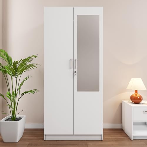 Image of VIKI Wardrobe | Shirakawa Wardrobe | Wooden Almirah for 2 Door Wardrobe with 4 Shelves with Mirror (Frosty White - 40D x 80W x 180.8H) | 1 Year Warranty | Free Assembly
