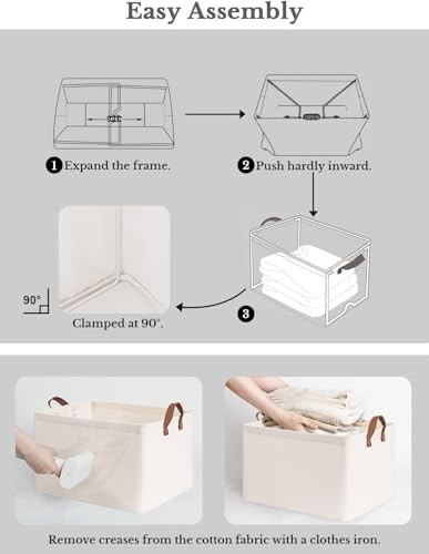 Image of DALUCI Foldable Cloth Organizer for Wardrobe - Fabric Storage Box with Metal Frame & Handles - Collapsible & Foldable Storage Box and Organiser for Clothes, Sarees, Towels - (Beige, Pack of 3)