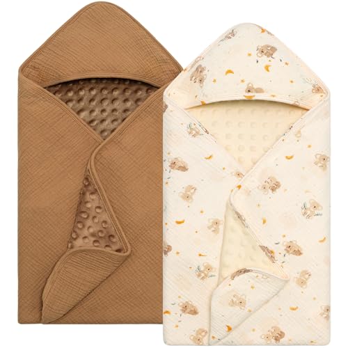 Image of Baby Bath Towels for Newborn 100% Muslin Cotton and Minky Dot Fabric Neutral Hooded Baby Towels Set 2 Pack for Boys Girls Ultra Soft and Absorbent 30 x 30 Inch Brown & Koala
