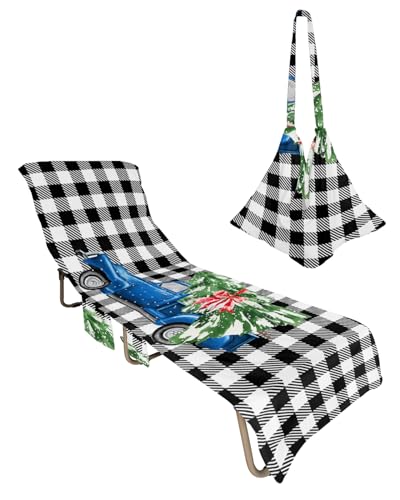 Christmas Truck Beach Chair Towel Covers for Chaise Lounge With Side Pocket, Soft Plush Pool Towels Cover for Patio Sunbathing Outdoor 29''x85'' Buffalo Plaid Black Xmas Tree
