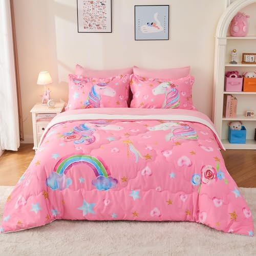 Wajade Pink Unicorn Comforter Set for Girls 7 Piece Cute Cartoon ...