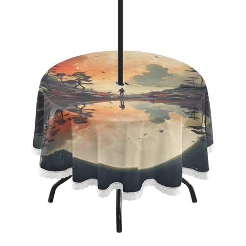 Wajiw 60 Inch Indoor Outdoor Round Tablecloth with Umbrella Hole and Zipper Waterproof Patio Table Cover for Camping Dining Room Party Outdoor Picnic,Fairy Tale