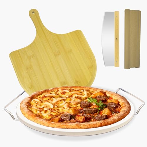 13 inch Pizza Stone, Pizza Set, Beginner Friendly Pizza Stone for Oven with Accessories - Pizza Rack, Rocker Cutter, Spatula, Baking Paper, Outdoor Oven Tools, Pizza Gift Set