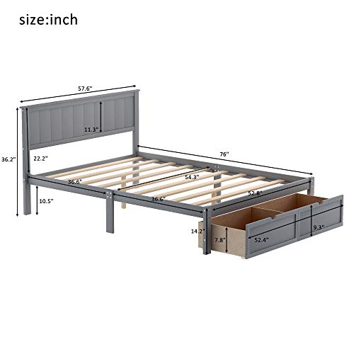 Softsea Wood Full Platform Bed Frame With Drawers And Headboard, Gray Full Bed Frame Mattress Foundation/Wood Slat Support, No Box Spring Needed(Full, Gray With Drawers) #TOP1