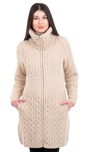 SAOL Irish Cardigan for Women with Pockets Made of 100% Merino Wool Ireland Long Coat