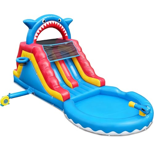 HXDOGSP Inflatable Water Slide Commercial Grade: 22FT(L) Water Bounce House for Adults and Kids - Big Pool, Premium PVC, Shark Style, Wet & Dry, 950W Blower - for Backyard Outdoor Birthday Party