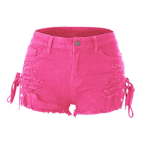 Denim Shorts Hot Shorts for Women Frayed Raw Hem Ripped Shorts Bandage Denim Short Jeans (Large,Rose)
