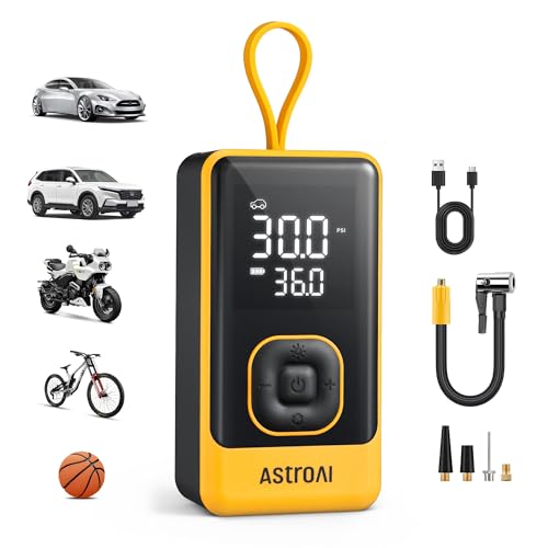 Image of AstroAI L7 Air Tire Inflator Portable Air Compressor, 150PSI Electric Cordless Car Pump with Digital Gauge, Fast 1-Min Inflation, Auto Shutoff, LED Light for Car, SUV, Motorcycle & Bike Tires, Yellow