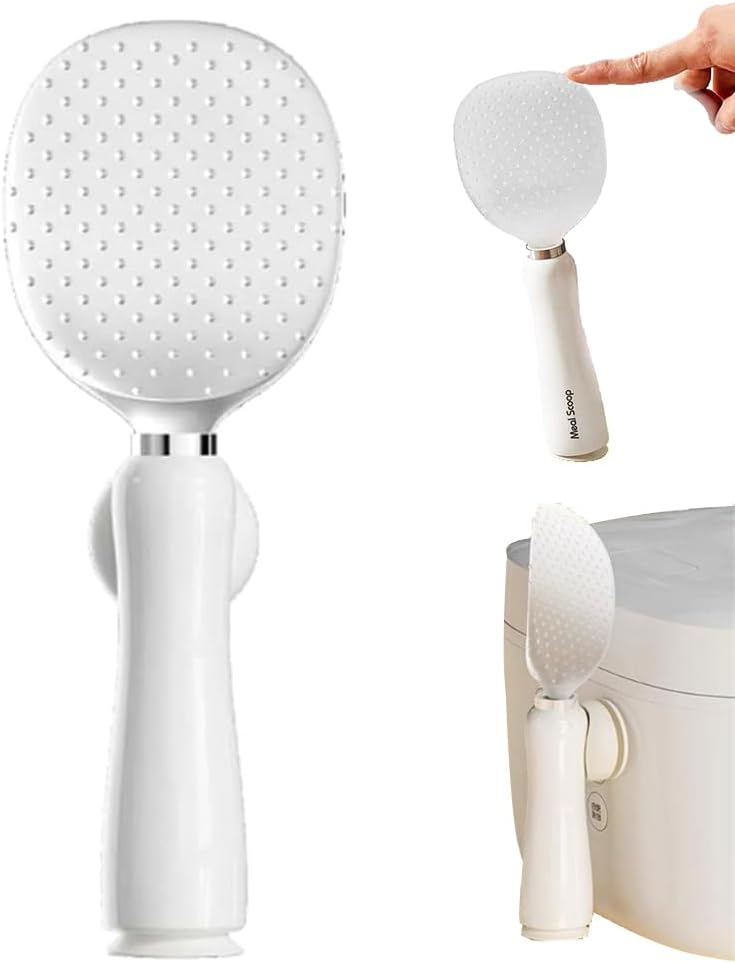 Ouliget Rice Spoon with Magnetic Suction Cup Holder,Non Stick Standing Rice Spoon Scooper Spatula,Heat Resistant Rice Potato Cooker Spoon (White)