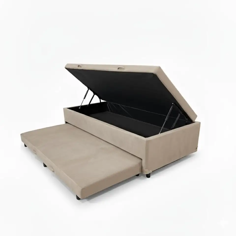 Cama Box Baú Solteiro com Auxiliar Conjugada | Pistão a Gás | Suporta Até 200kg | 188x88x42 | (SUEDE BEGE)