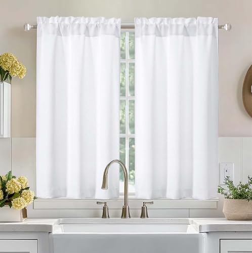 Image of Aiyufeng Pure White Curtains for Bedroom 45 Inches Long 2 Panels Set, Room Darkening Window Treatment, Short Curtain Drapes, Soft Touching Casual Rod Pocket Privacy Curtains, W40 x L45 Inch