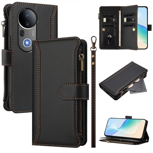 Rfvzubemok Compatible with Vivo S20 Pro 5G,Compatible with Vivo S20 Pro 5G Cover,Flip Kickstand Double Card Slots Zipper Wallet Case Black